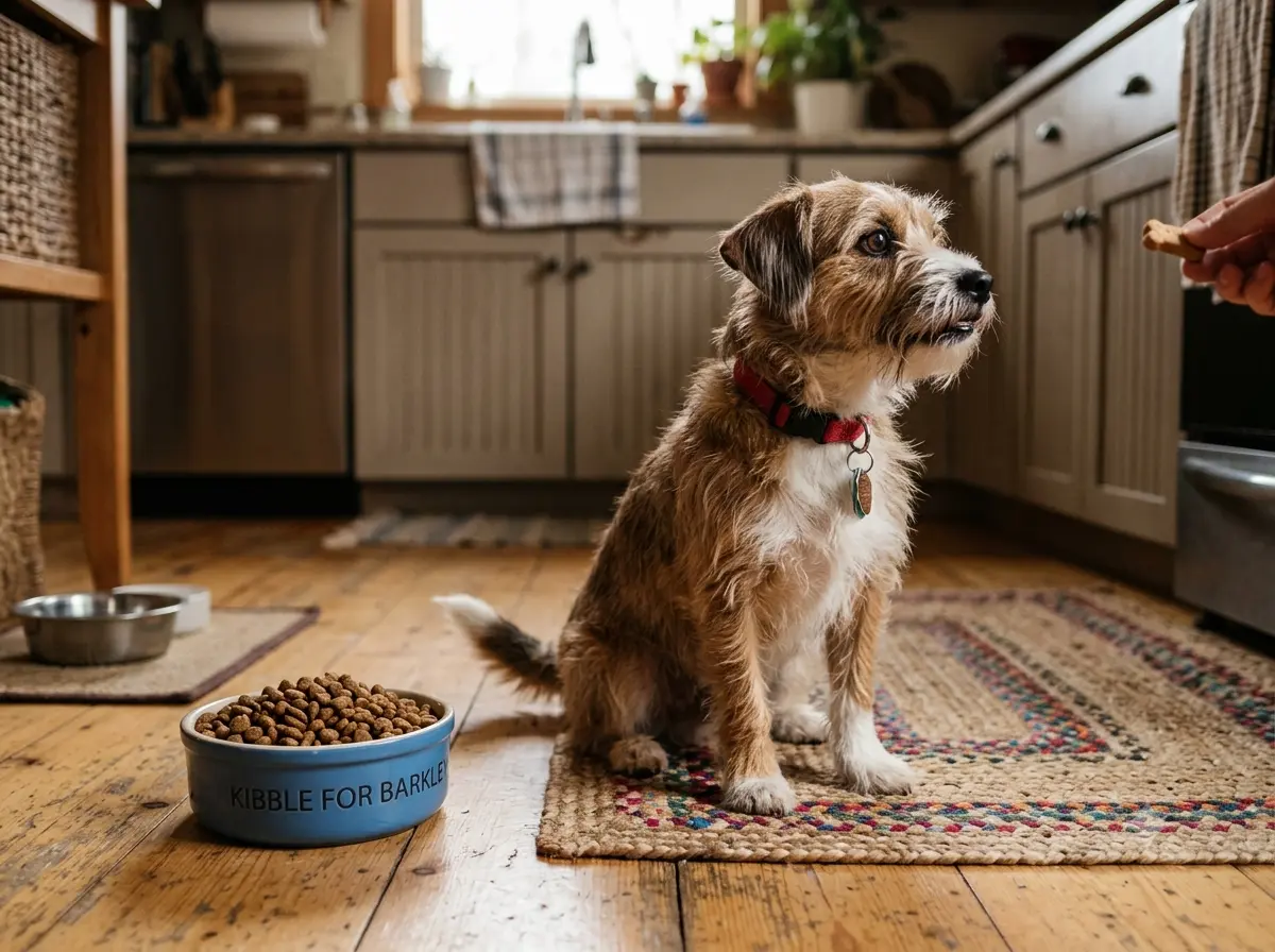 A dog looking away from a full bowl of kibble while eyeing a treat