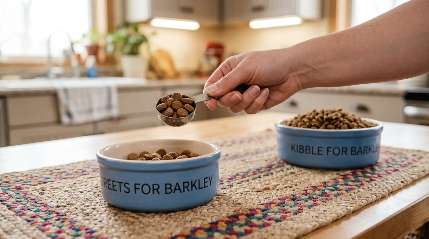 A hand measuring out a small portion of dog treats next to a full meal bowl