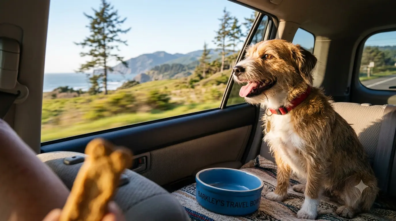 A dog looking out a car window on a road trip