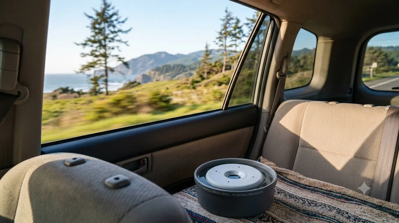 A no-spill dog water bowl with a floating disk in a car