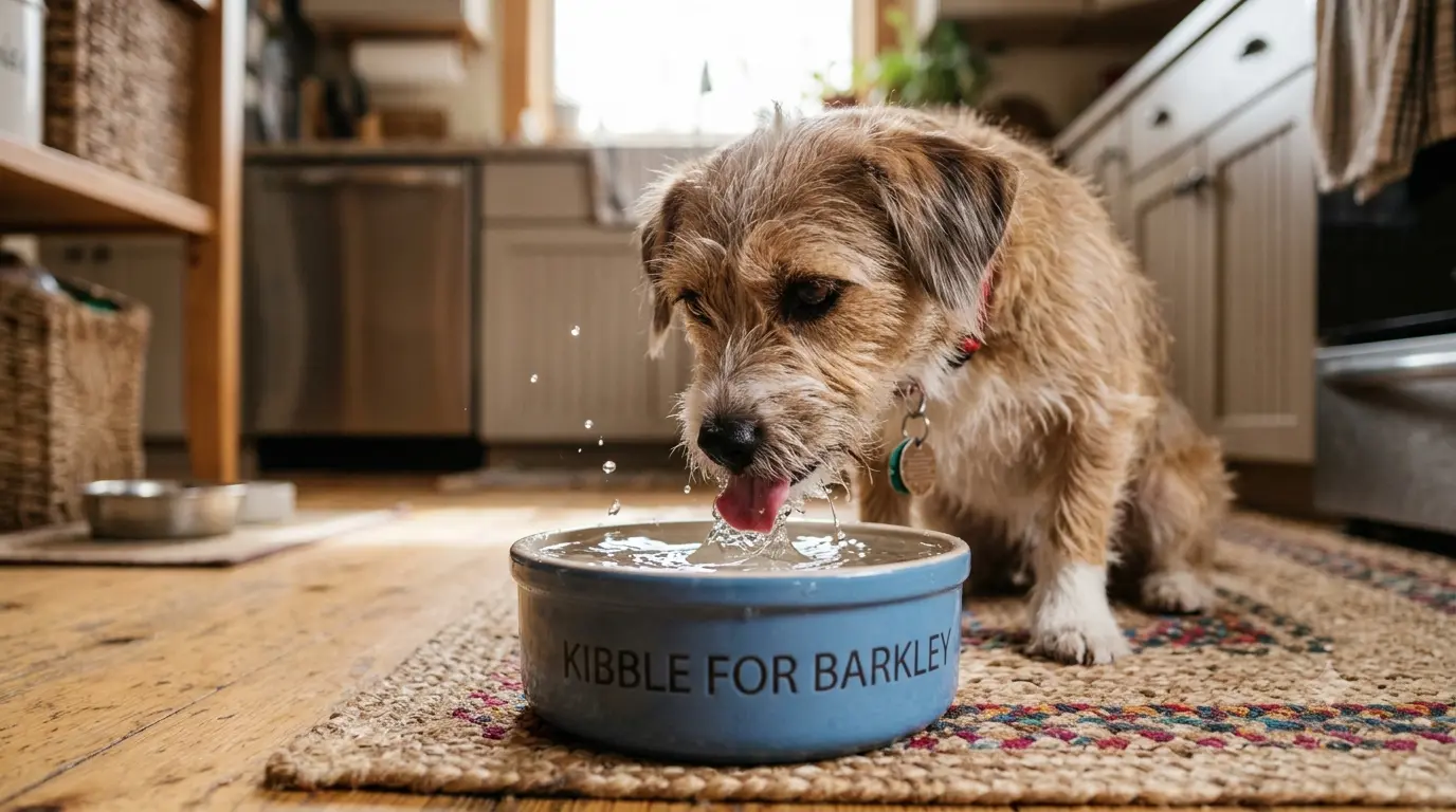 A dog drinking happily from a clean water bowl