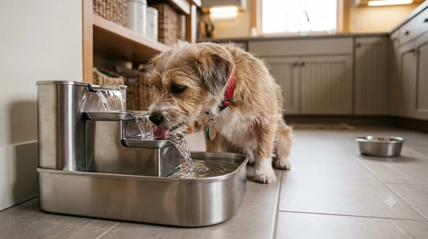 A dog drinking from a circulating pet water fountain