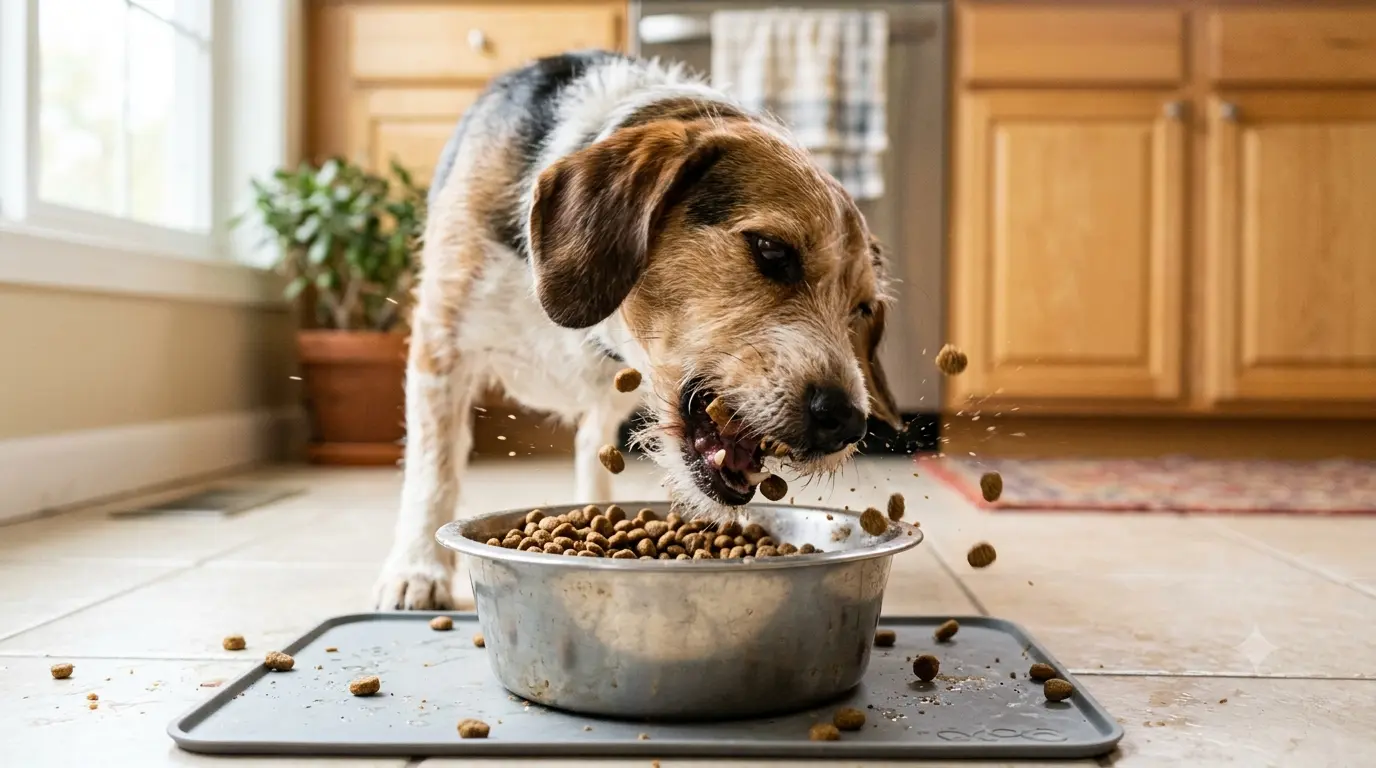 A dog eating rapidly from a bowl, kibble scattering around it
