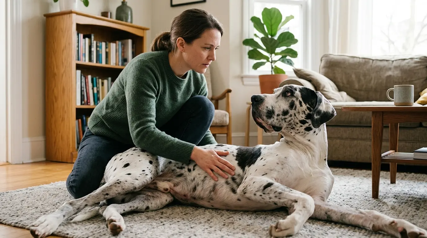 A worried owner checking a large deep-chested dog's abdomen