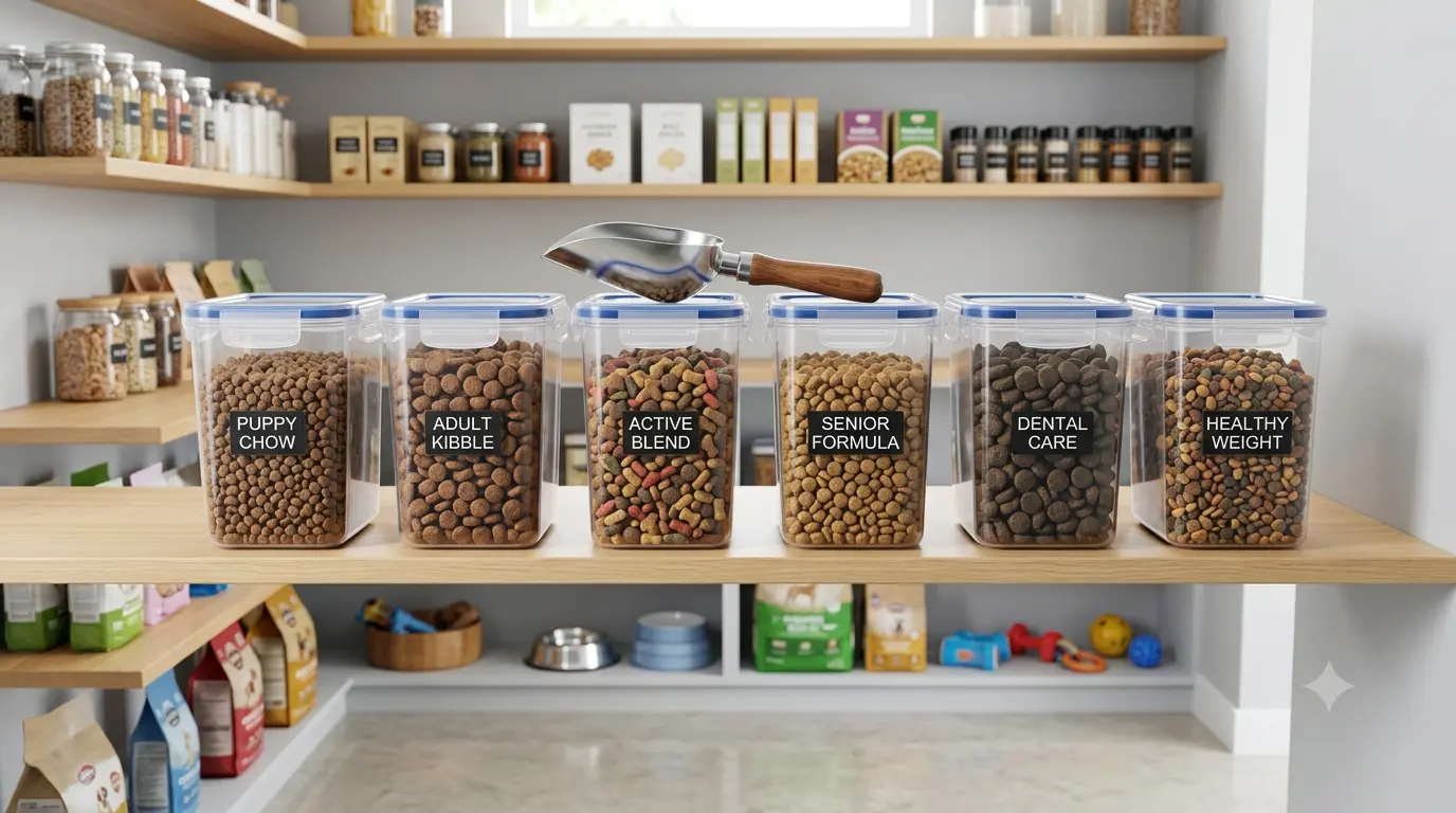 Bags of dog food stored in airtight containers in a pantry