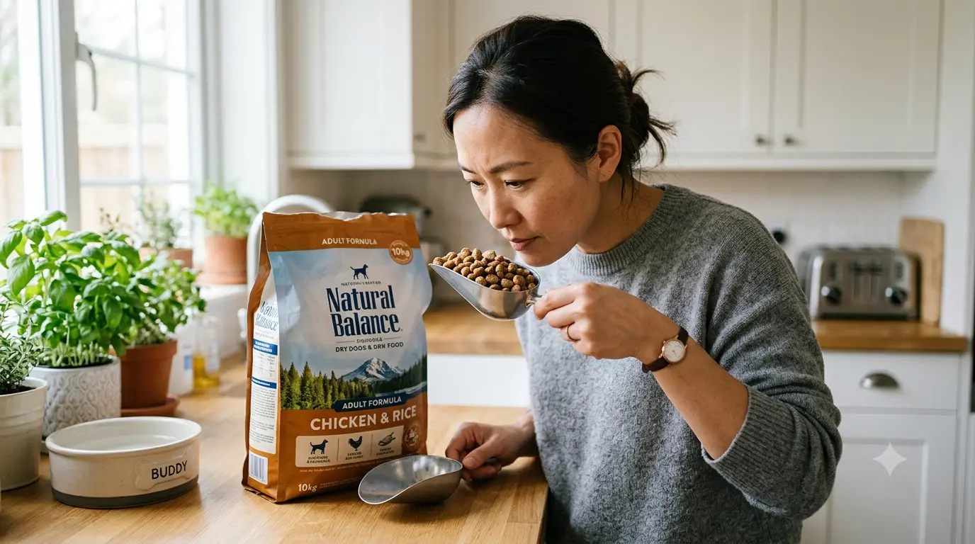 A person smelling dog food to check for freshness