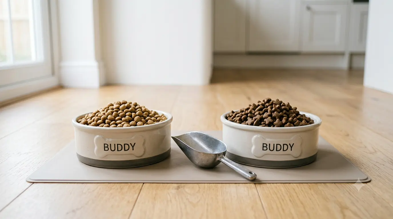 Two bowls of dog food, old and new, side by side ready to be mixed