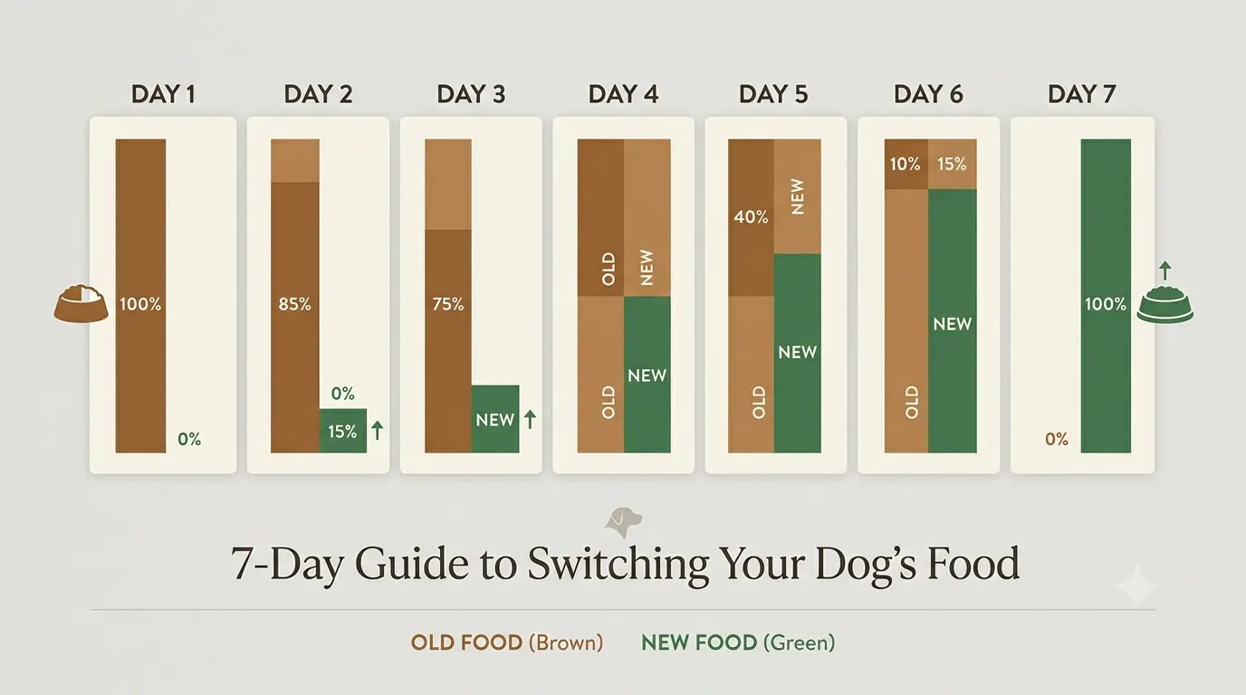 A calendar showing a 7-day food transition ratio schedule