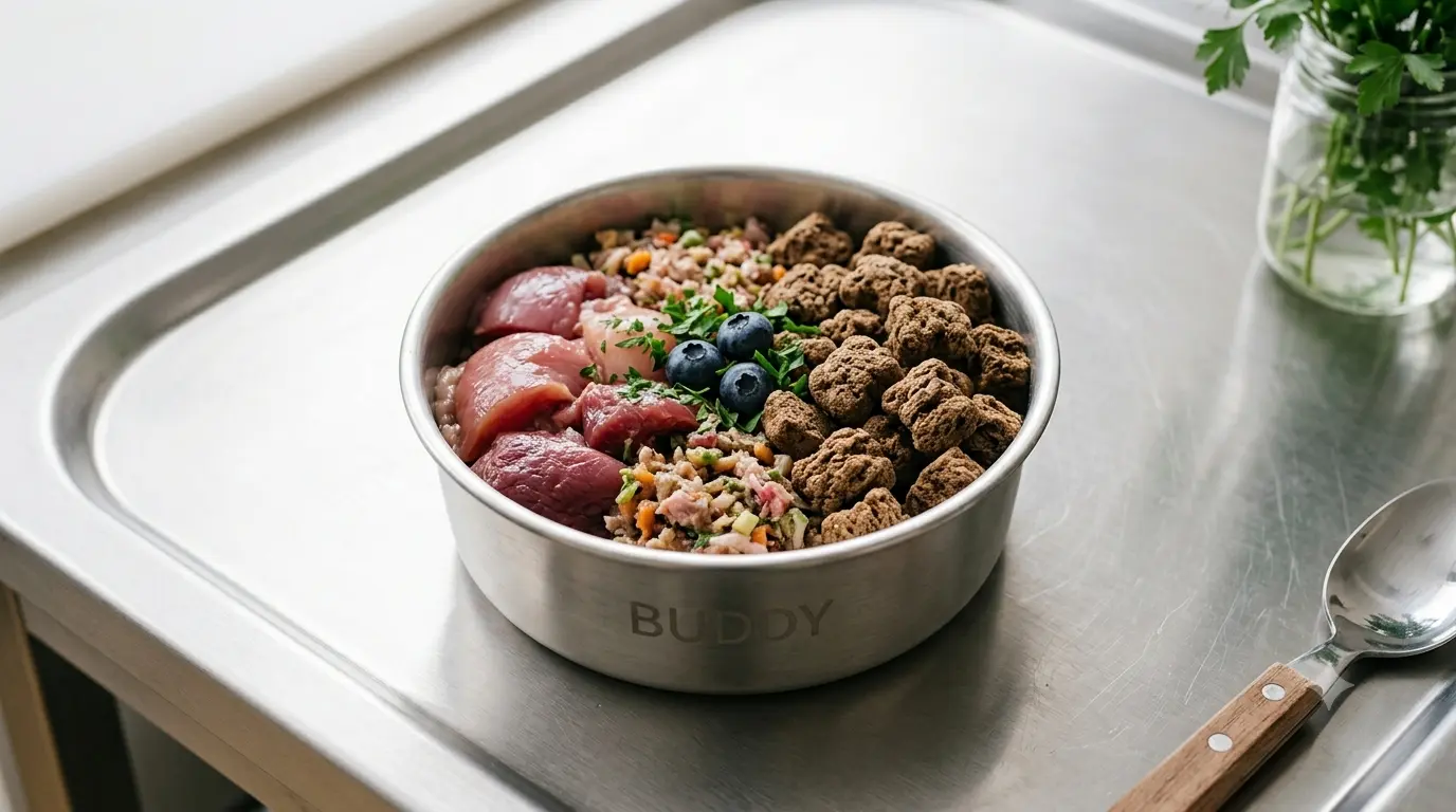 A bowl of raw dog food with meat and freeze-dried nuggets