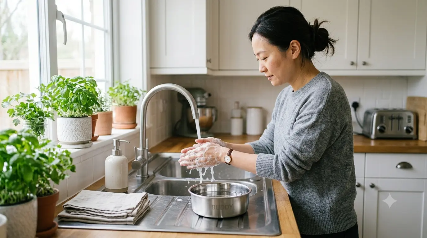 A person washing hands and cleaning a bowl after handling raw dog food