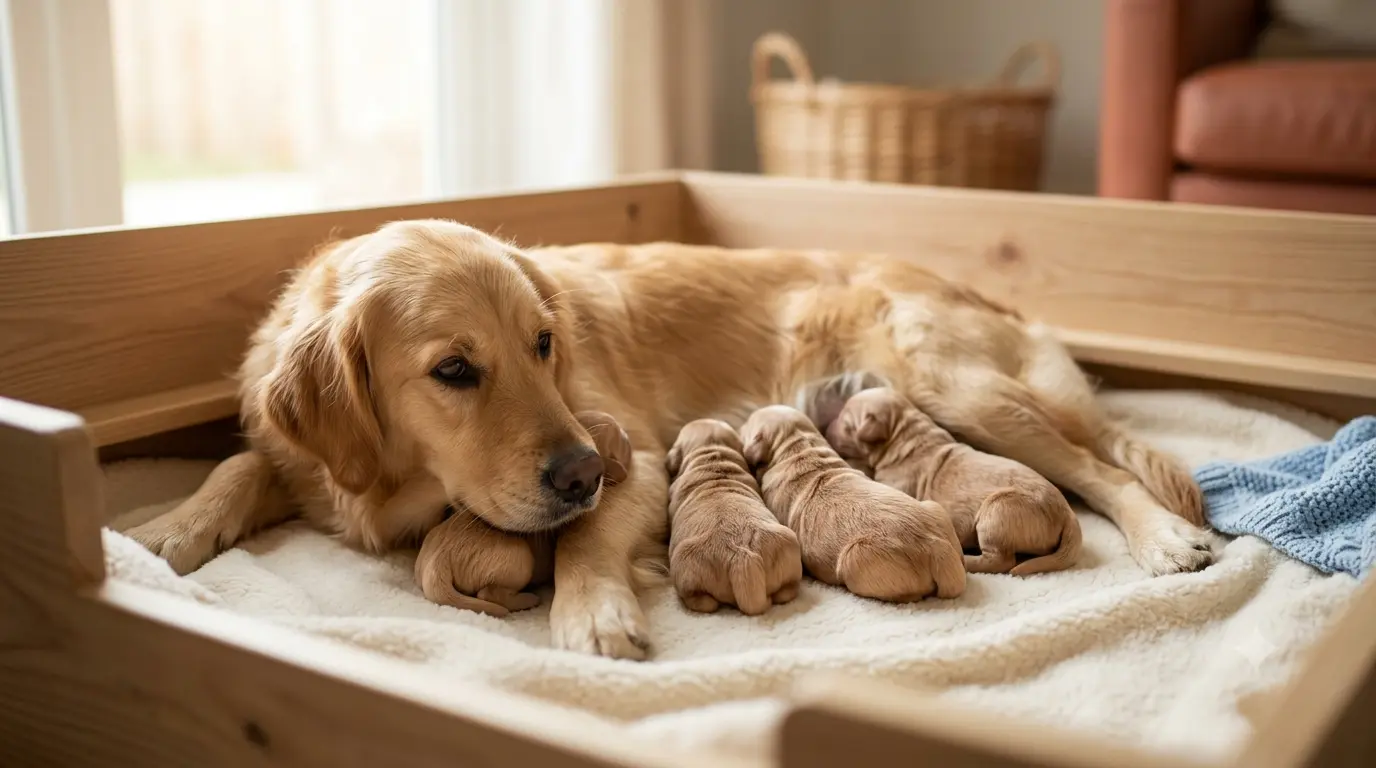 A litter of newborn puppies nursing close together