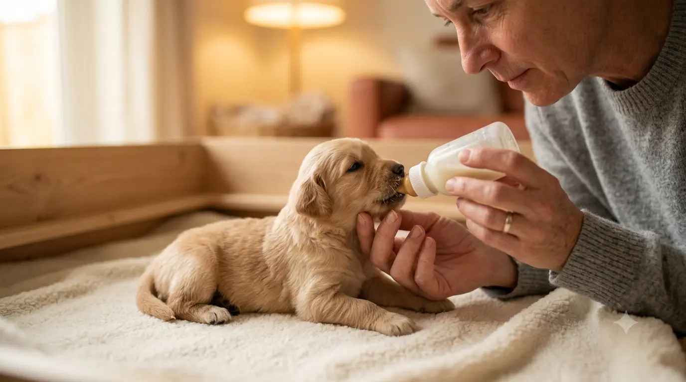 A person bottle-feeding a puppy with milk replacer