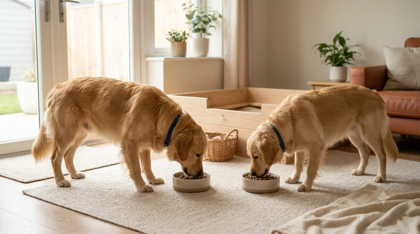 Two dogs eating from separate bowls in a calm setting