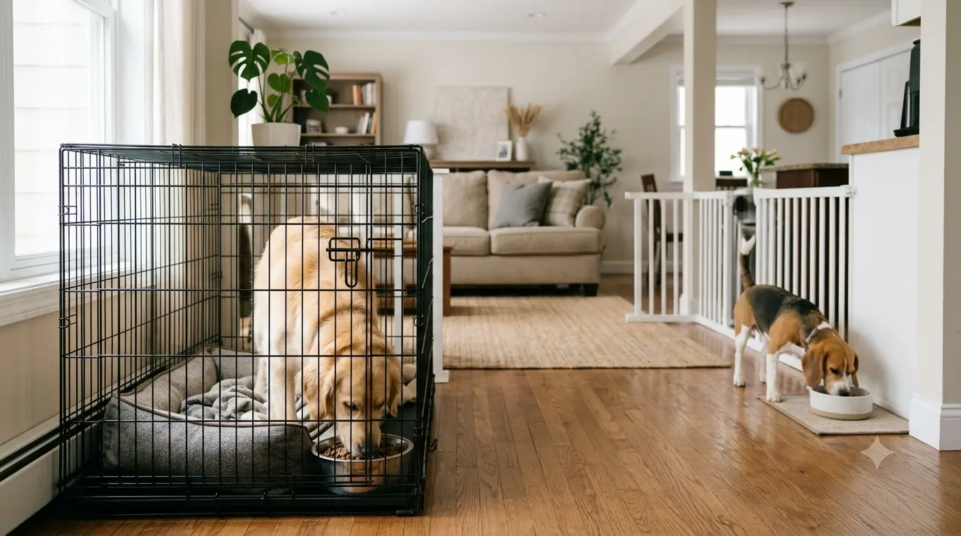 Two dogs fed separately, one behind a baby gate