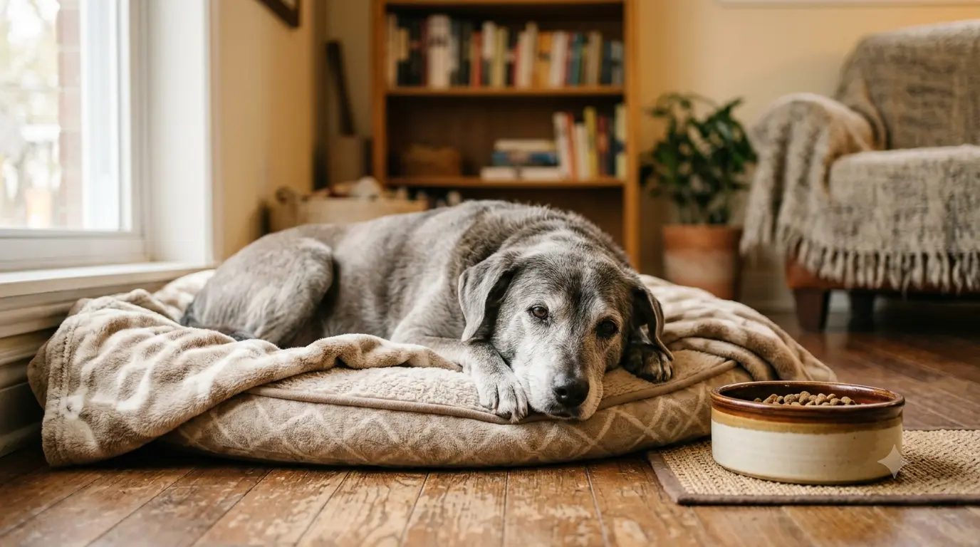 A gray-muzzled senior dog resting near a food bowl