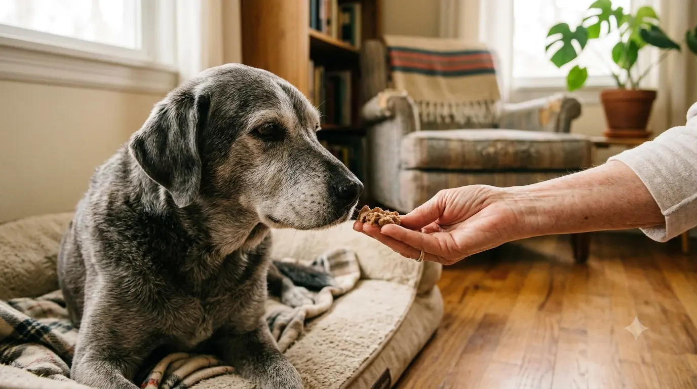 A hand offering soft food to a senior dog by hand
