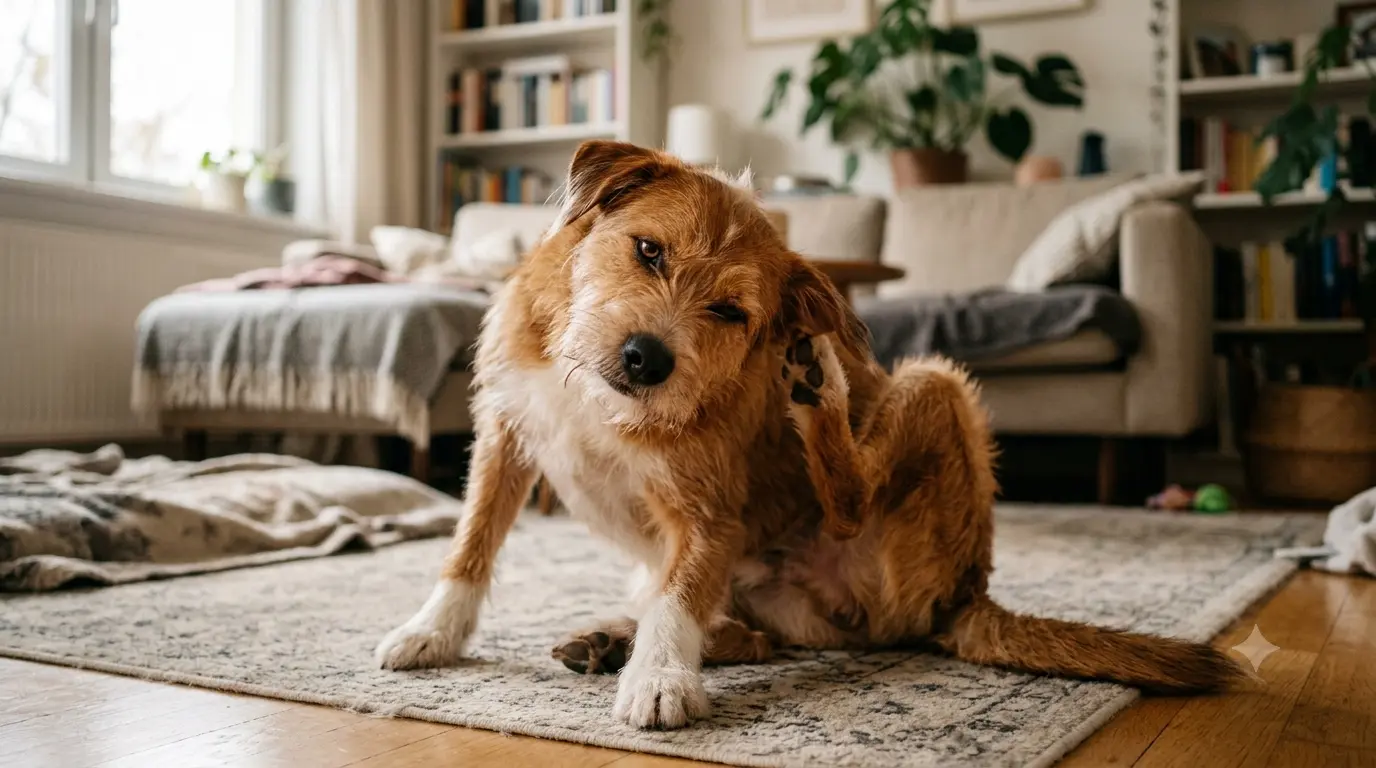 A dog scratching its ear, showing signs of skin irritation