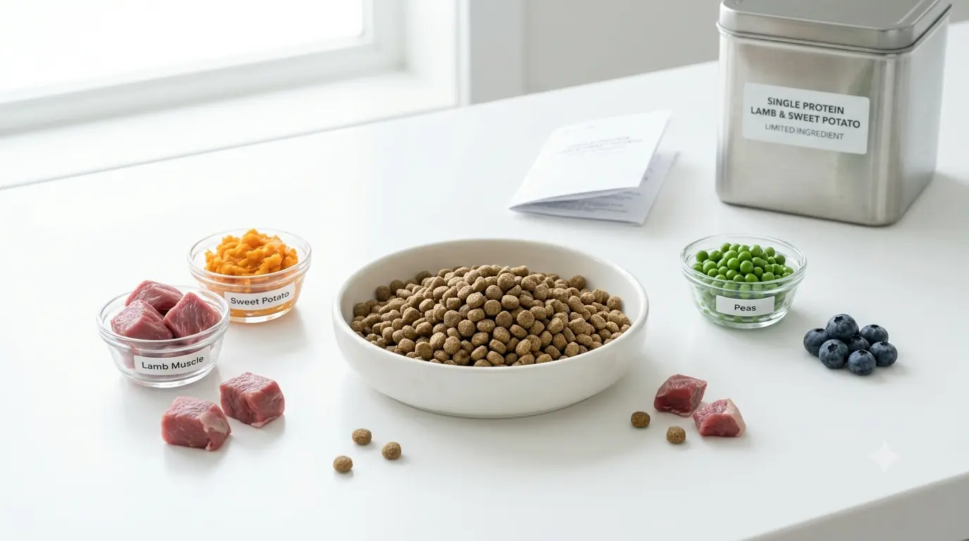 A bowl of limited-ingredient dog food with a single protein source