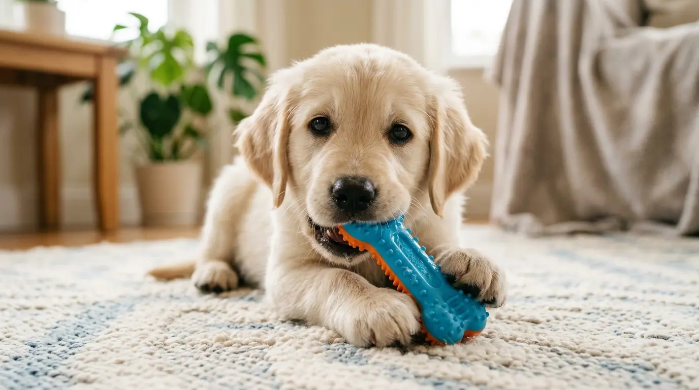 A young puppy chewing on a soft rubber teething toy
