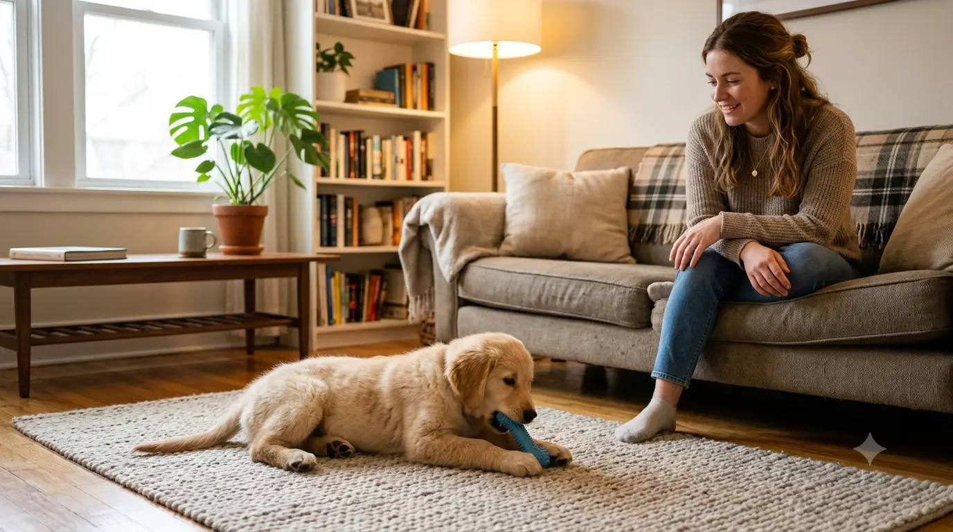 A puppy supervised while chewing, owner watching nearby