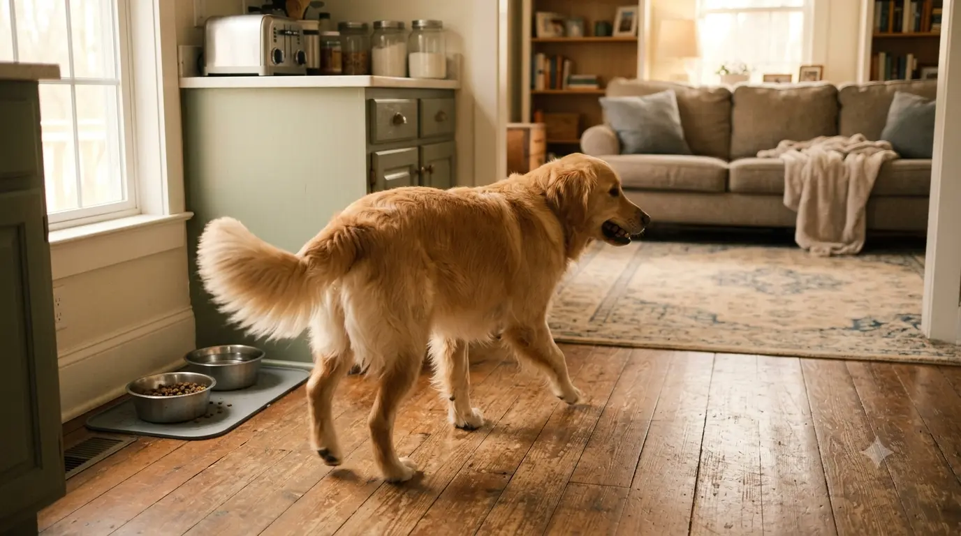 A dog carrying a mouthful of kibble away from its bowl toward a living room rug