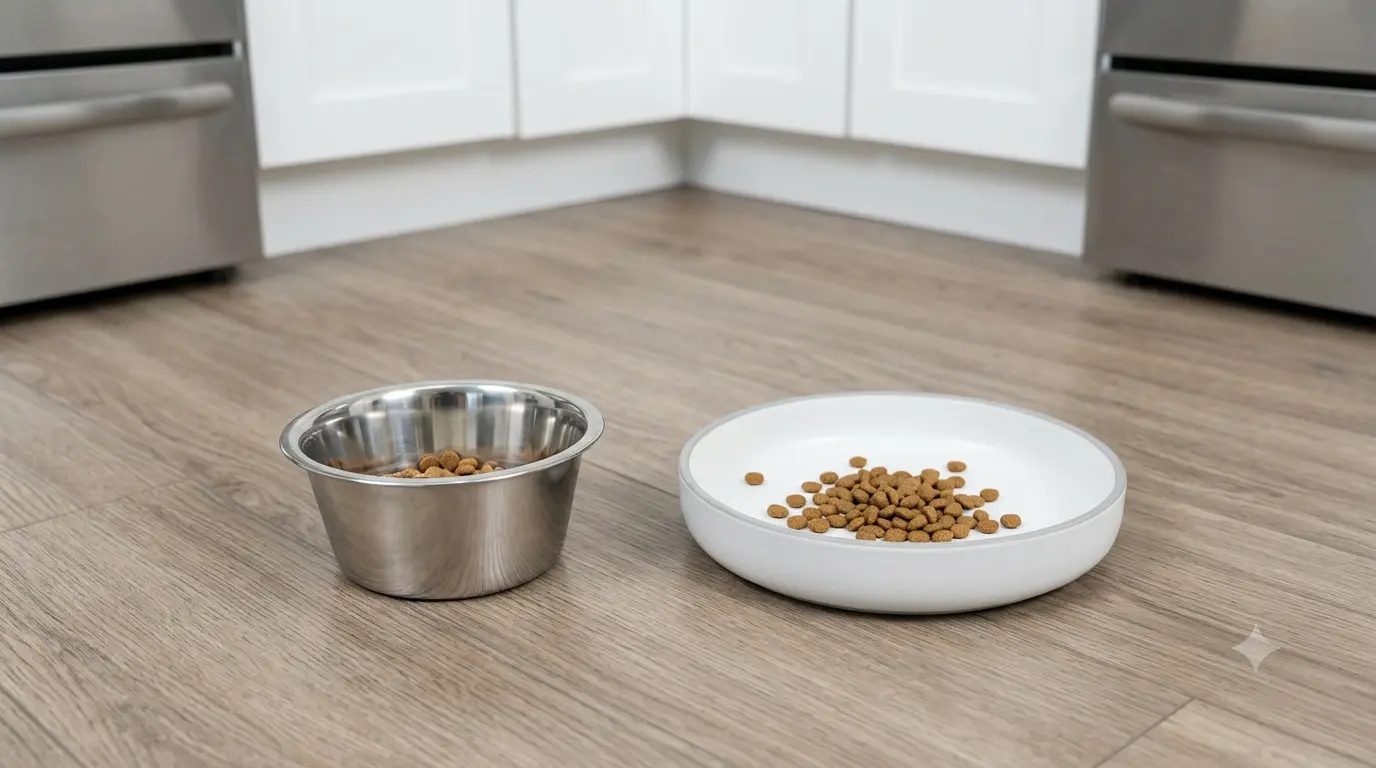 Comparison of a deep narrow dog bowl next to a wide shallow feeding dish