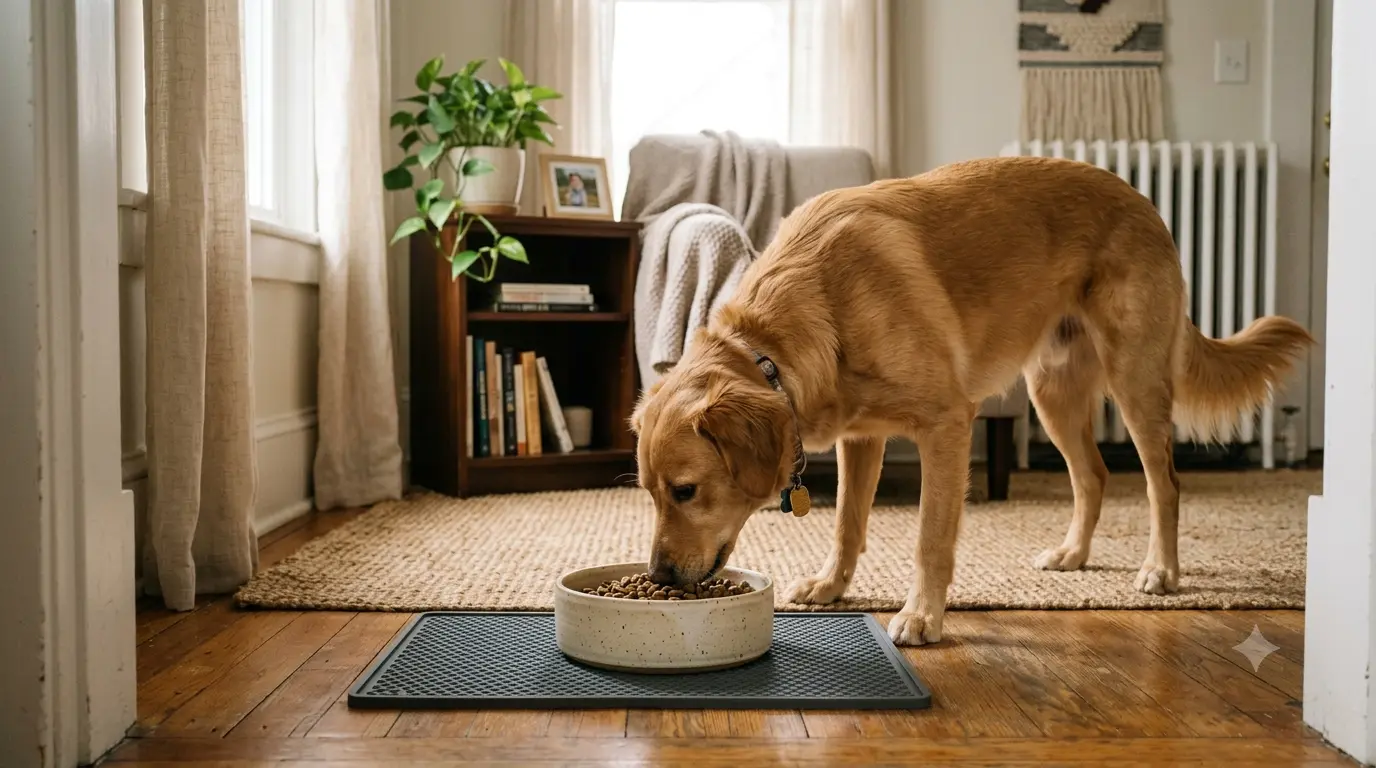 A dog eating calmly from a wide shallow bowl on a non-slip mat in a quiet corner