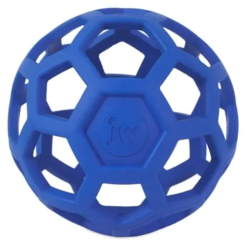 Assorted-colour JW Hol-ee Roller ball with a stretchy open web design, holding treats inside.