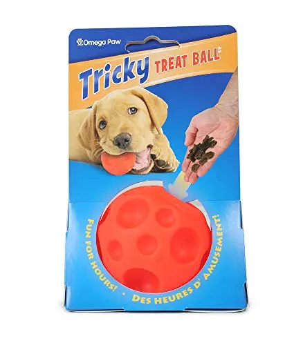 Omega Paw Tricky Treat Ball, small orange vinyl ball with treat holes