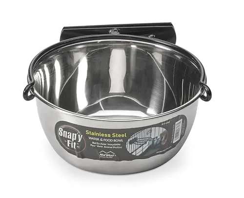 MidWest Snap'y Fit stainless steel bowl attached to wire dog crate