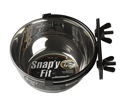 MidWest Snap'y Fit stainless steel bowl attached to wire dog crate