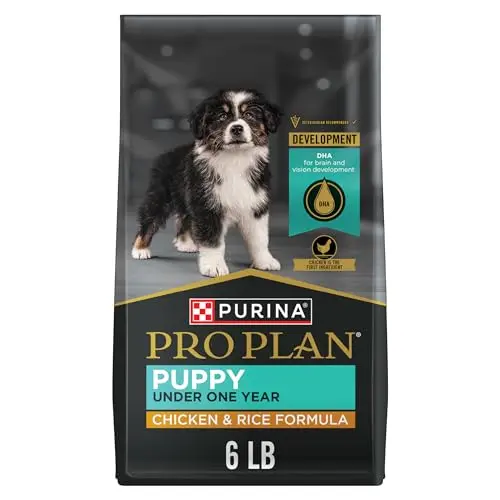 Purina Pro Plan High Protein Puppy Food bag emphasizing chicken as first ingredient