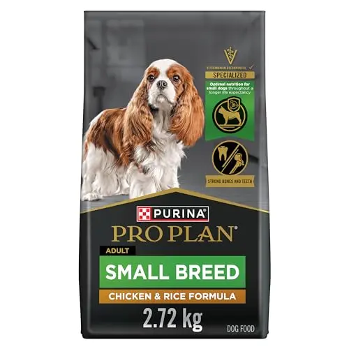 Purina Pro Plan Small Breed dry dog food bag with chicken and rice, fortified with probiotics