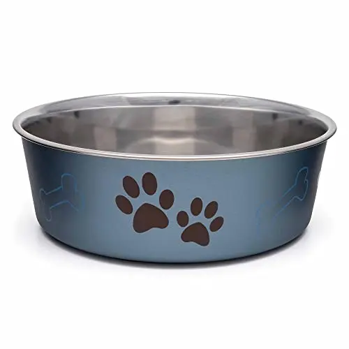 Blueberry metallic Loving Pets Bella Bowl with stainless interior and rubber base, on a table