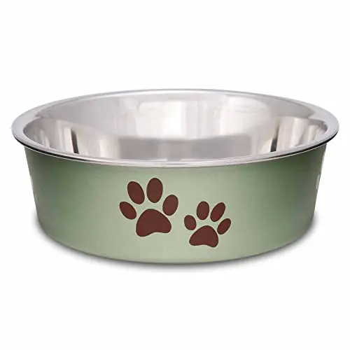 Loving Pets Metallic Bella Bowl in artichoke colour with paw print design