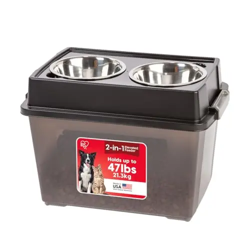 IRIS USA elevated dog feeder with airtight storage container and two stainless steel bowls