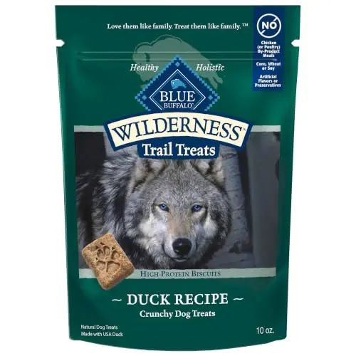 Blue Buffalo wilderness trail treats duck biscuits bag