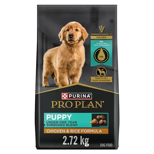 Purina Pro Plan Shredded Blend Puppy Food bag with tender shredded chicken pieces for bone health