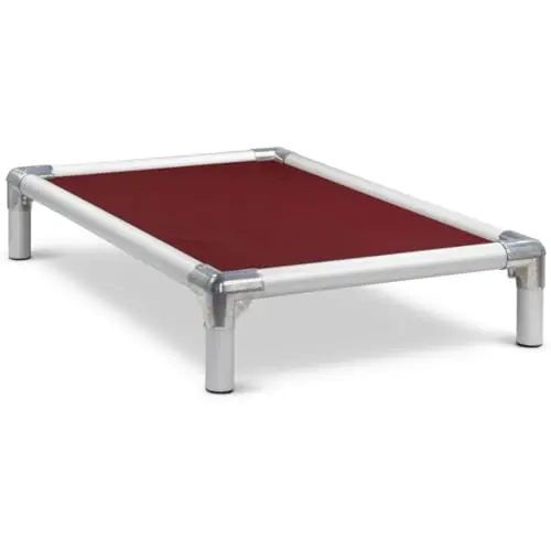 Kuranda Chewproof Elevated Dog Bed with burgundy vinyl fabric and silver aluminum frame