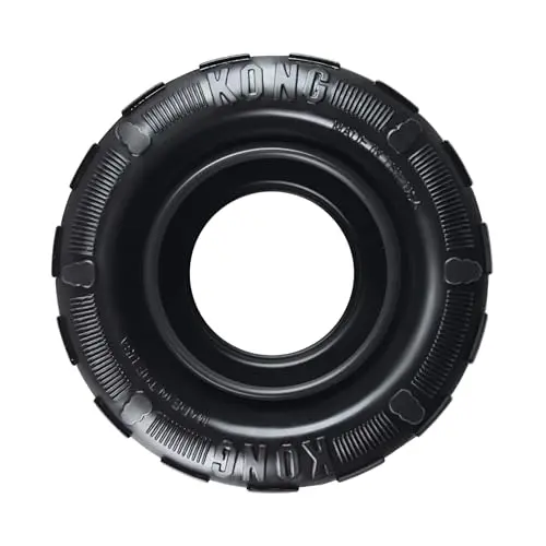 KONG Tires dog toy, black rubber tire shape with red sidewalls