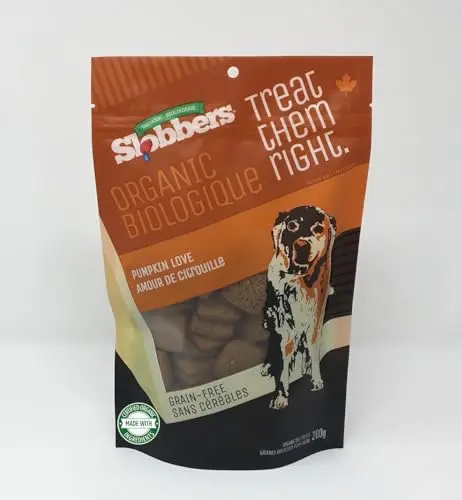 Slobbers Organic Dog Treats Pumpkin Love bag and treats