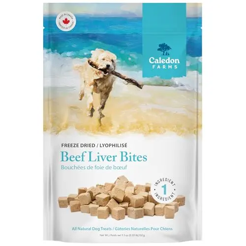 Caledon Farms Beef Liver Bites freeze-dried dog treats in a resealable bag