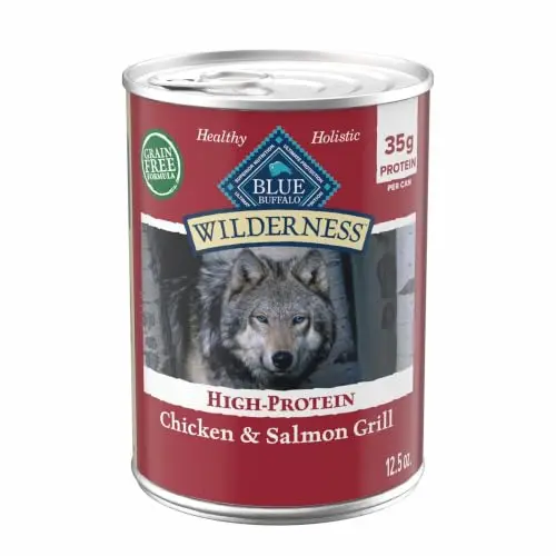 Blue Buffalo wilderness salmon and chicken grill wet dog food cans