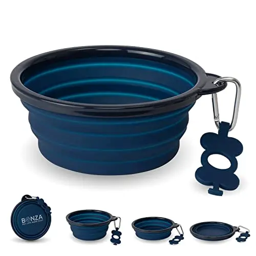 Bonza large collapsible dog bowl in navy blue with water bottle holder