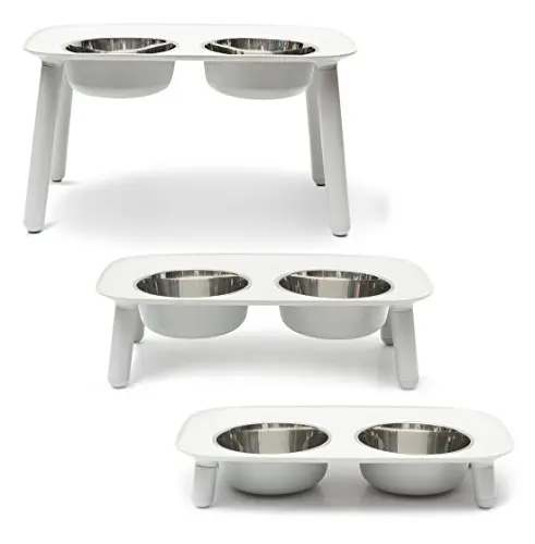 Messy Mutts Elevated Double Feeder in light grey, with three leg sets and two stainless bowls