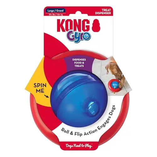 KONG Gyro, red and blue weighted base with treat-release holes, wobble on floor