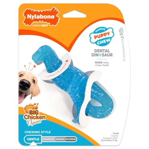 Nylabone Puppy Dental Dinosaur chew toy in blue for teething puppies up to 25 lbs