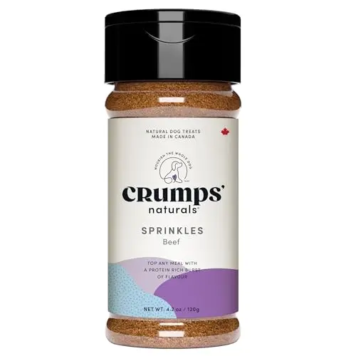 Crumps Naturals Beef Sprinkles dog food topper in a spice-style shaker bottle