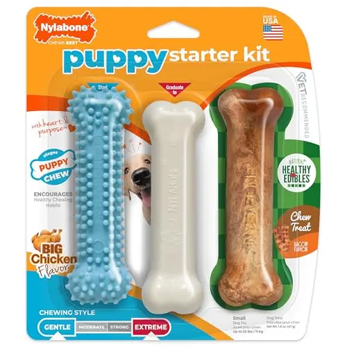 Nylabone puppy starter kit with two blue nylon bones and one edible treat