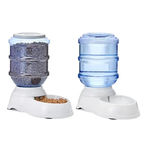 Amazon Basics large gravity pet feeder and waterer set on a tiled floor next to a German Shepherd